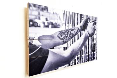 Photo printed on scaffolding wood