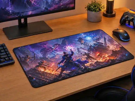Large printed mouse pad especially for online gaming.