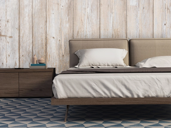 Photo wallpaper with wooden slat look in bedroom.