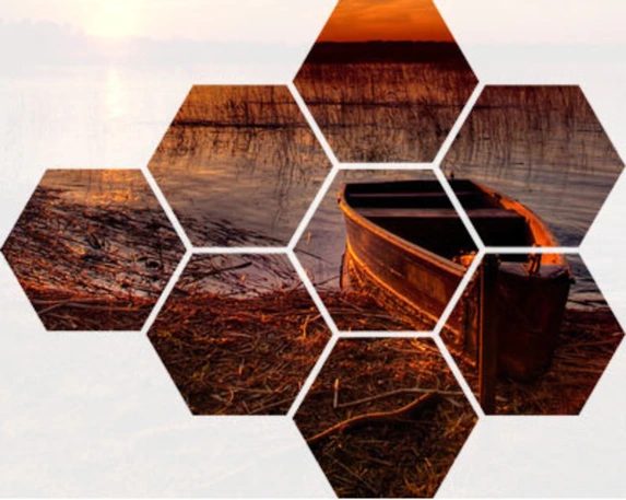 An art photo divided over several hexagon shapes.