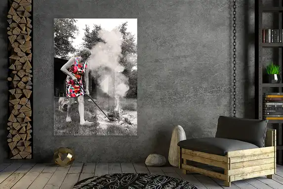 Large format plexiglass photo in living room.