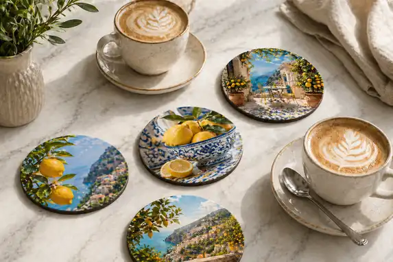 Round photo coasters as a stylish set for coffee or tea.