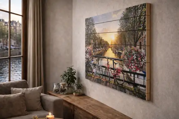 Photo on ayous wood creates a warm natural look as wall decoration.