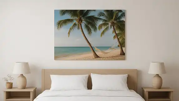 Photo on hardboard creates a calm and summery look in the bedroom.