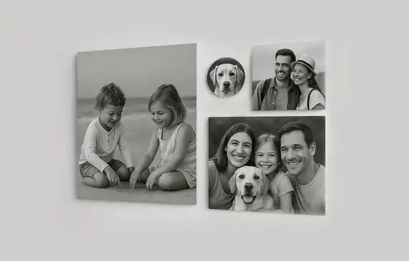 Photo collage on hardboard as personal and modern wall decoration.