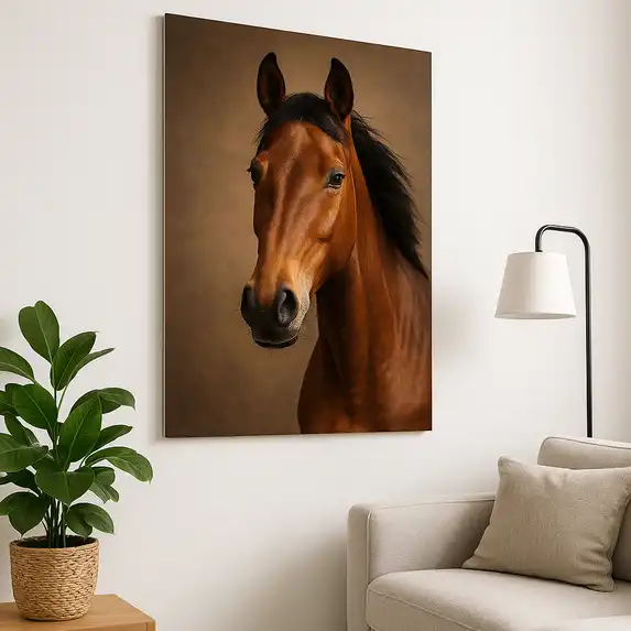 Photo on hardboard with horse as stylish wall decoration in the living room.