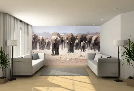 Photo wallpaper with animals such as a herd of elephants as wall decoration.