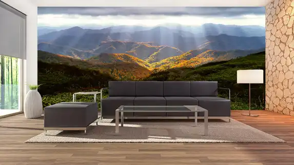 Photo wallpaper with mountain landscape and forest as wall decoration.