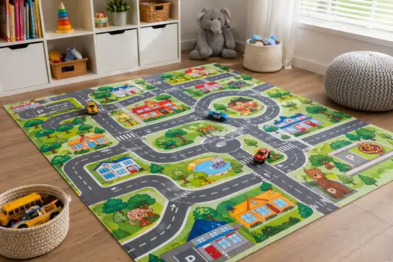 Printed play rug with road design – perfect for children’s rooms.