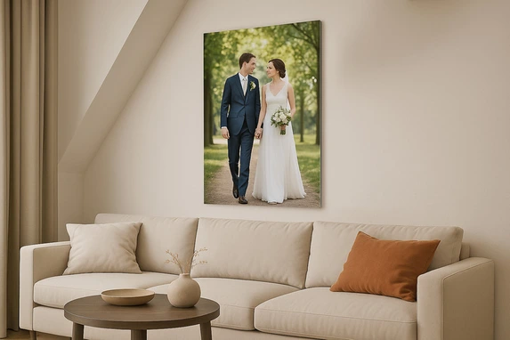 Wedding photo glued on aluminum.
