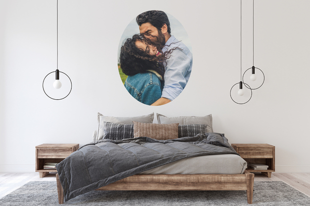 Photo gift large format wall sticker above the bed as bedroom decoration.